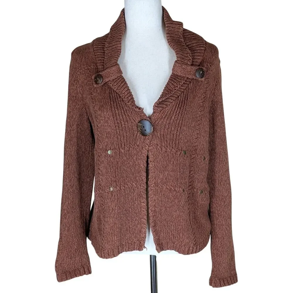 Christopher & Banks Brown Cotton Knit Cardigan Large Button Size Small Studded